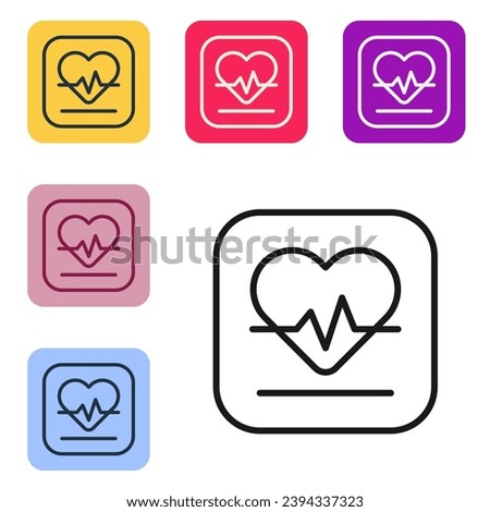 Black line Heart rate icon isolated on white background. Heartbeat sign. Heart pulse icon. Cardiogram icon. Set icons in color square buttons. Vector