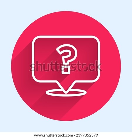 White line Question mark icon isolated with long shadow. FAQ sign. Copy files, chat speech bubble and chart. Red circle button. Vector