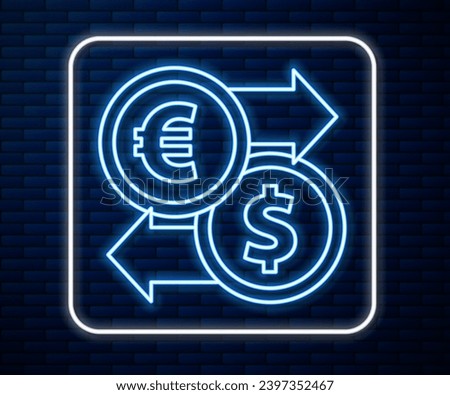 Glowing neon line Money exchange icon isolated on brick wall background. Euro and Dollar cash transfer symbol. Banking currency sign.  Vector Illustration