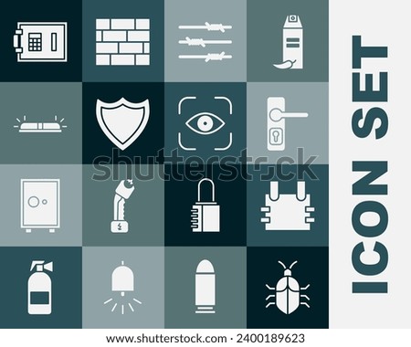 Set System bug concept, Bulletproof vest, Door handle, Barbed wire, Shield, Flasher siren, Safe and Eye scan icon. Vector