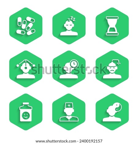 Set Insomnia, Male doctor, Yin Yang symbol, Concussion, headache, Antidepressants, Hypnosis, Old hourglass and Medicine pill tablet icon. Vector