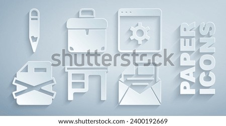 Set Office desk, Browser setting, Delete file document, Mail and e-mail, Briefcase and Pencil icon. Vector