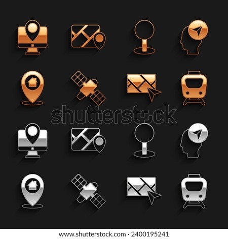 Set Satellite, Location with person, Train, City map navigation, house, Push pin, Monitor location marker and Infographic of city icon. Vector