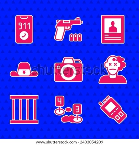 Set Photo camera, Marker of crime scene, Walkie talkie, Murder, Prison window, Sheriff hat with badge, Wanted poster and Telephone call 911 icon. Vector