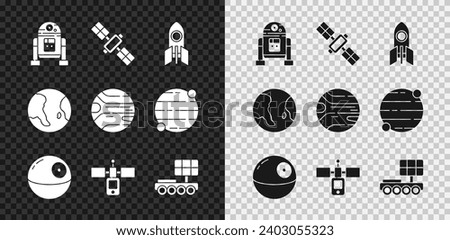 Set Robot, Satellite, Rocket ship, Death star, Mars rover, Earth globe and Planet icon. Vector