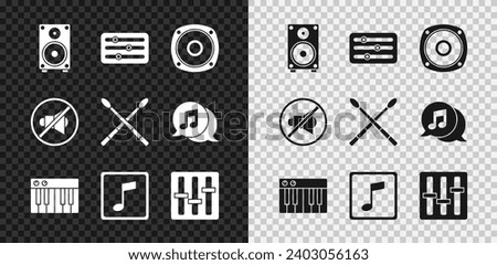 Set Stereo speaker, Sound mixer controller, Music synthesizer, note, tone, Speaker mute and Drum sticks icon. Vector