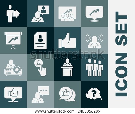 Set Question mark, Users group, Head hunting, Project team base, Resume, Chalkboard with diagram, Team leader and Hand like icon. Vector