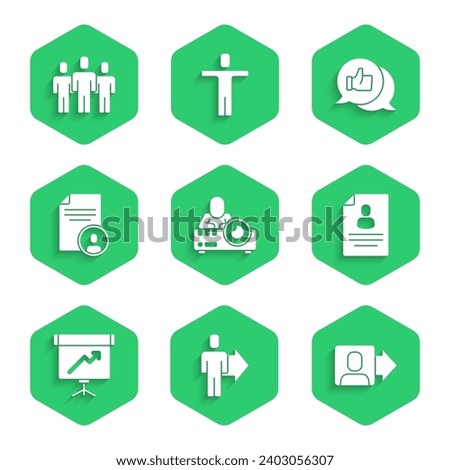 Set Media projector, Team leader, Resume, Chalkboard with diagram, Hand like and Users group icon. Vector