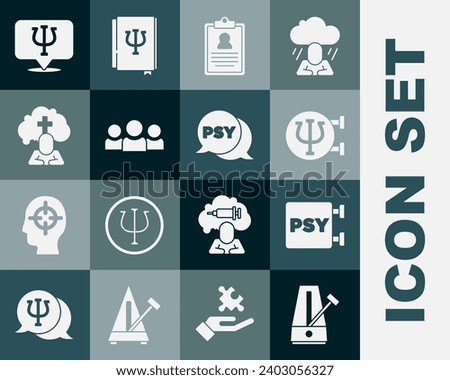 Set Metronome with pendulum, Psychology, Psi, Medical clipboard, Users group, Man graves funeral sorrow,  and  icon. Vector