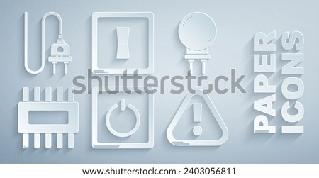 Set Electric light switch, Light emitting diode, Processor with microcircuits CPU, Exclamation mark triangle,  and plug icon. Vector