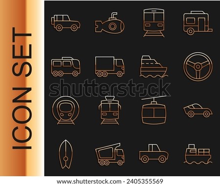 Set line Cargo ship with boxes delivery, Steering wheel, Train and railway, Delivery cargo truck, Bus, Off road and Cruise icon. Vector