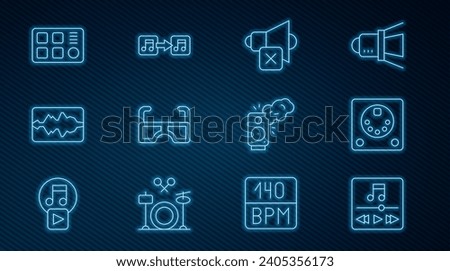 Set line Music player, Drum machine, Speaker mute, Glasses, wave equalizer, Stereo speaker and note, tone icon. Vector