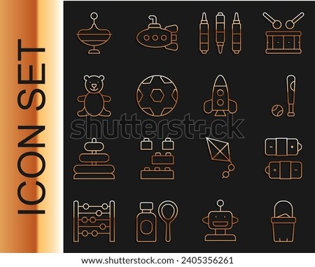 Set line Sand in bucket, Battery, Baseball bat with ball, Marker pen, Soccer football, Teddy bear plush toy, Whirligig and Rocket ship icon. Vector