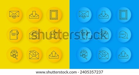 Set line Envelope with magnifying glass, Document and pen, Outgoing mail, Upload inbox, Speech bubble chat, check mark, Postal stamp and Download icon. Vector
