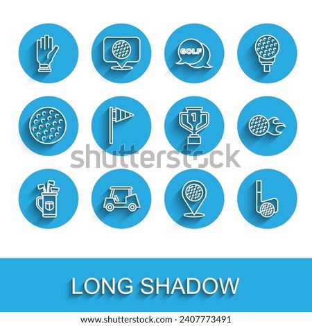 Set line Golf bag with clubs, car, glove, Location golf sport, ball, flag,  and Award cup icon. Vector