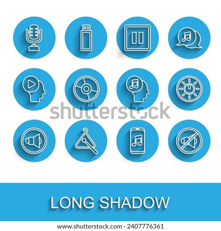 Set line Speaker volume, Triangle musical instrument, Microphone, Music player, mute, CD or DVD disk, Dial knob level technology settings and Musical note human head icon. Vector