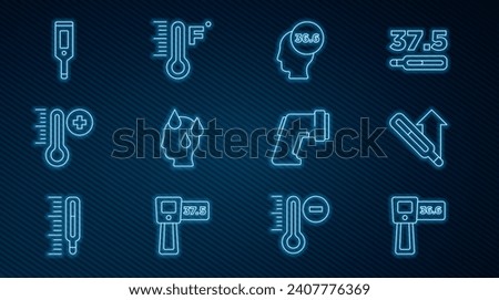 Set line Digital thermometer, Medical, High human body temperature, Meteorology,  and  icon. Vector