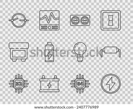 Set line Processor with microcircuits CPU, Lightning bolt, Electrical outlet, Car battery, scheme, Battery,  and Resistor electricity icon. Vector