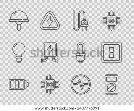 Set line Battery charge level indicator, Multimeter, Electric plug, Processor with microcircuits CPU, Light emitting diode, transformer, scheme and light switch icon. Vector