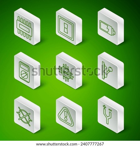 Set line Electric cable, Exclamation mark in triangle, Processor with microcircuits CPU, Multimeter, light switch, scheme and Electrical panel icon. Vector