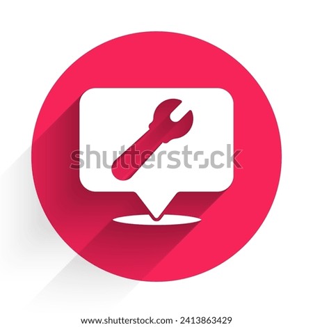 White Location with wrench spanner icon isolated with long shadow. Adjusting, service, setting, maintenance, repair, fixing. Red circle button. Vector Illustration