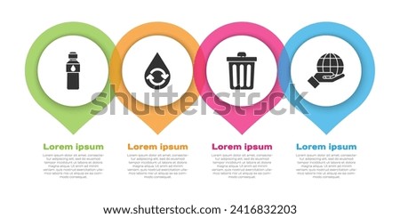 Set Bottle of water, Recycle clean aqua, Trash can and Hand holding Earth globe. Business infographic template. Vector