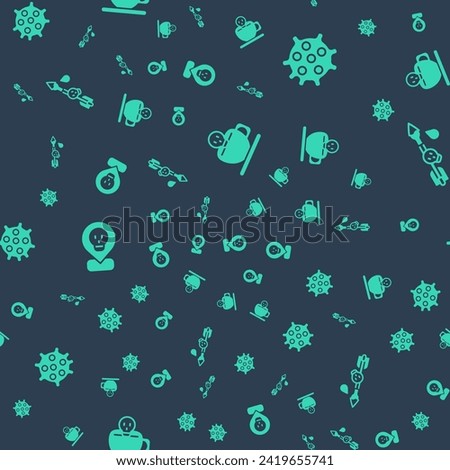 Set Coffee cup with skull, Bacteria, Radioactive in location and Poison the arrow on seamless pattern. Vector