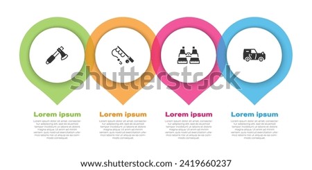 Set Wooden axe, Fishing rod, Binoculars and Off road car. Business infographic template. Vector