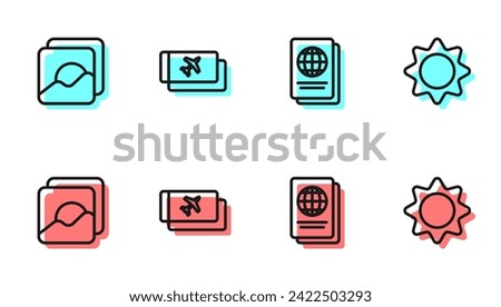 Set line Passport, Photo, Airline ticket and Sun icon. Vector