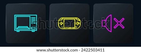 Set line Microwave oven, Speaker mute and Portable video game console. Black square button. Vector