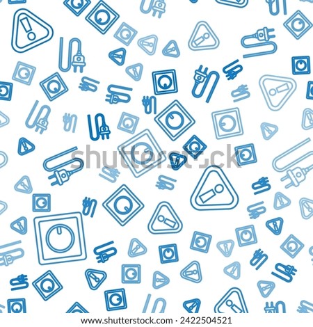 Set line Electric light switch, Exclamation mark in triangle and Electric plug on seamless pattern. Vector