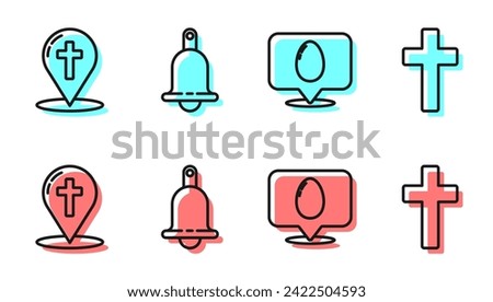 Set line Speech bubble with easter egg, Map pointer with christian cross, Ringing bell and Christian cross icon. Vector