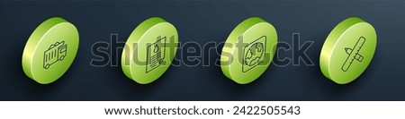 Set Isometric line Mining dump truck, Oil drop document, Earth globe and Crossed ruler and pencil icon. Vector