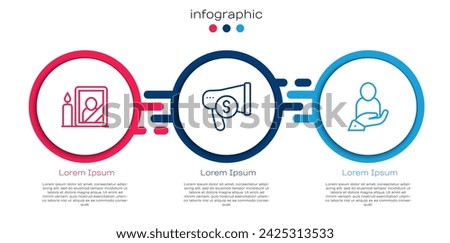 Set line Mourning photo frame, Megaphone and dollar and Life insurance hand. Business infographic template. Vector