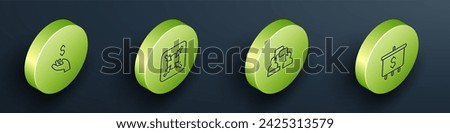 Set Isometric line Hand holding coin money, Target, Two sitting men talking and with dollar icon. Vector