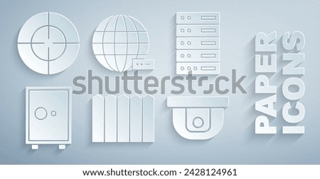 Set Garden fence wooden, Server, Data, Web Hosting, Safe, Motion sensor, Social network and Target sport icon. Vector