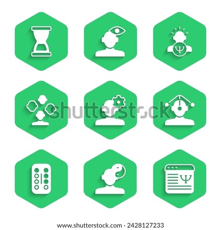 Set Solution problem in psychology, Yin Yang symbol, Online psychological counseling, Hypnosis, Sedative pills, Schizophrenia, Psychology and Old hourglass icon. Vector