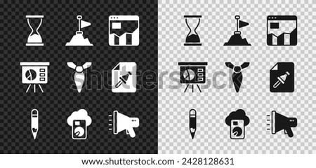 Set Old hourglass, Mountains with flag on top, Graph chart infographic, Pencil, Cloud database, Megaphone, Board and Tie icon. Vector
