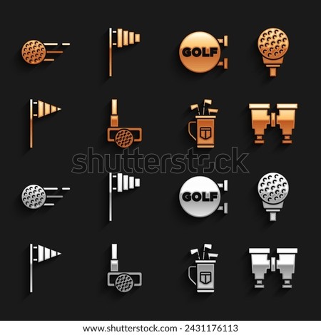 Set Golf club with ball, on tee, Binoculars, bag clubs, flag, sport,  and  icon. Vector