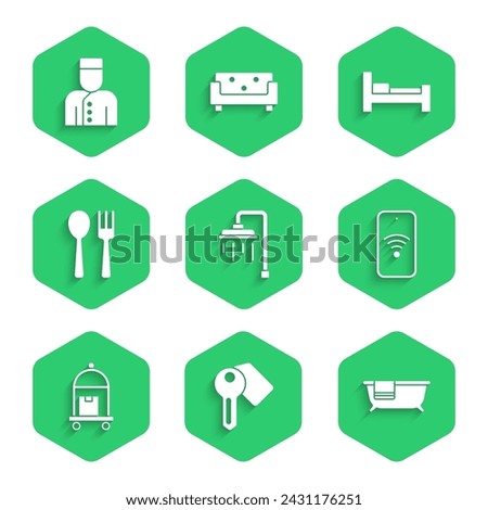Set Shower, Hotel door lock key, Bathtub, Mobile with wi-fi wireless, Suitcase, Fork and spoon, room bed and Concierge icon. Vector