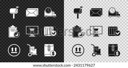 Set Mail box, Envelope, Logistics delivery truck and clock, This side up, Hand boxes, with dollar symbol, Verification of list clipboard and Shopping cart computer icon. Vector