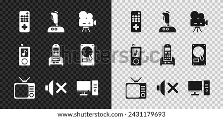 Set Remote control, Joystick for arcade machine, Retro cinema camera, tv, Speaker mute, Computer monitor, Music player and Telephone icon. Vector
