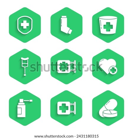 Set Medical symbol of the Emergency, Hospital signboard, Medicine pill or tablet, Heart with cross, bottle nozzle spray, Crutch crutches, Nurse hat and shield icon. Vector