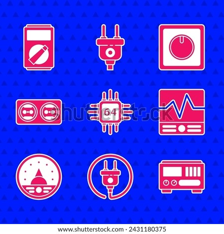 Set Processor with microcircuits CPU, Electric plug, Electrical measuring instruments, Ampere meter, multimeter, voltmeter, outlet, light switch and Multimeter icon. Vector
