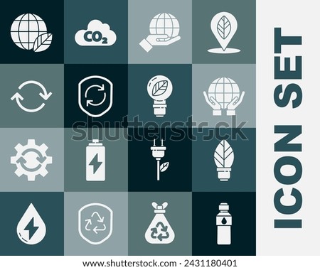 Set Bottle of water, Light bulb with leaf, Hands holding Earth globe, Recycle symbol inside shield, Refresh,  and  icon. Vector