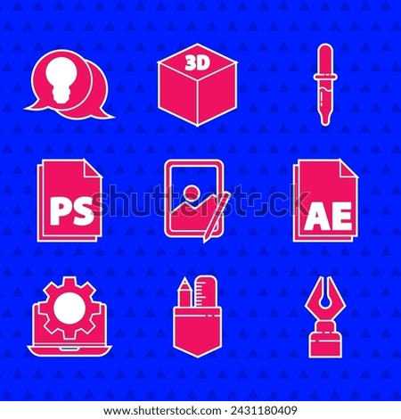 Set Graphic tablet, Crossed ruler and pencil, Fountain nib, AE file document, Laptop gear, PS File, Pipette and Light bulb with concept of idea icon. Vector