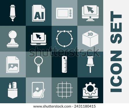 Set Laptop and gear, Push pin, Isometric cube, Graphic tablet, cursor, Stamp, Marker pen and Circle with Bezier curve icon. Vector