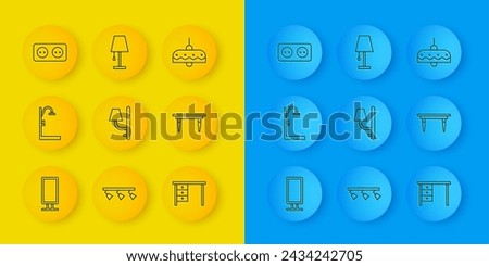 Set line Big full length mirror, Shower, Wall sconce, Office desk, Wooden table, Electrical outlet, Chandelier and Table lamp icon. Vector