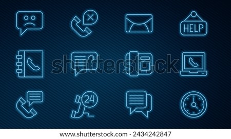 Set line Clock, Telephone 24 hours support, Mail and e-mail, Unknown search, Phone book, Sad smile, handset and Declined missed call icon. Vector