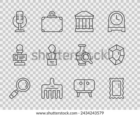 Set line Magnifying glass, Big full length mirror, Museum building, Hairbrush, Microphone, Gypsum head sculpture bust, TV table stand and Gem stone icon. Vector